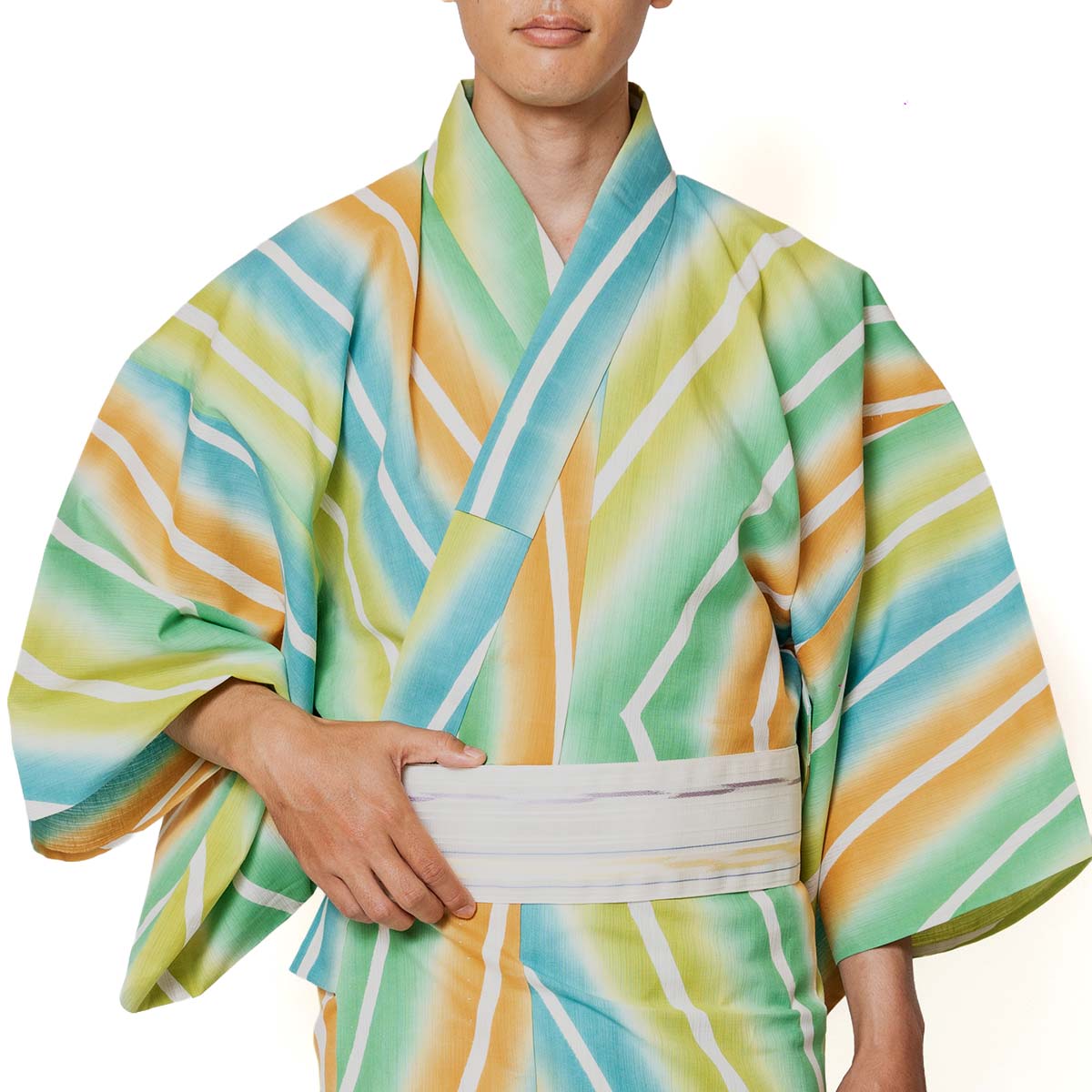 仕立てオーダー浴衣 注染 緑薄茶縞