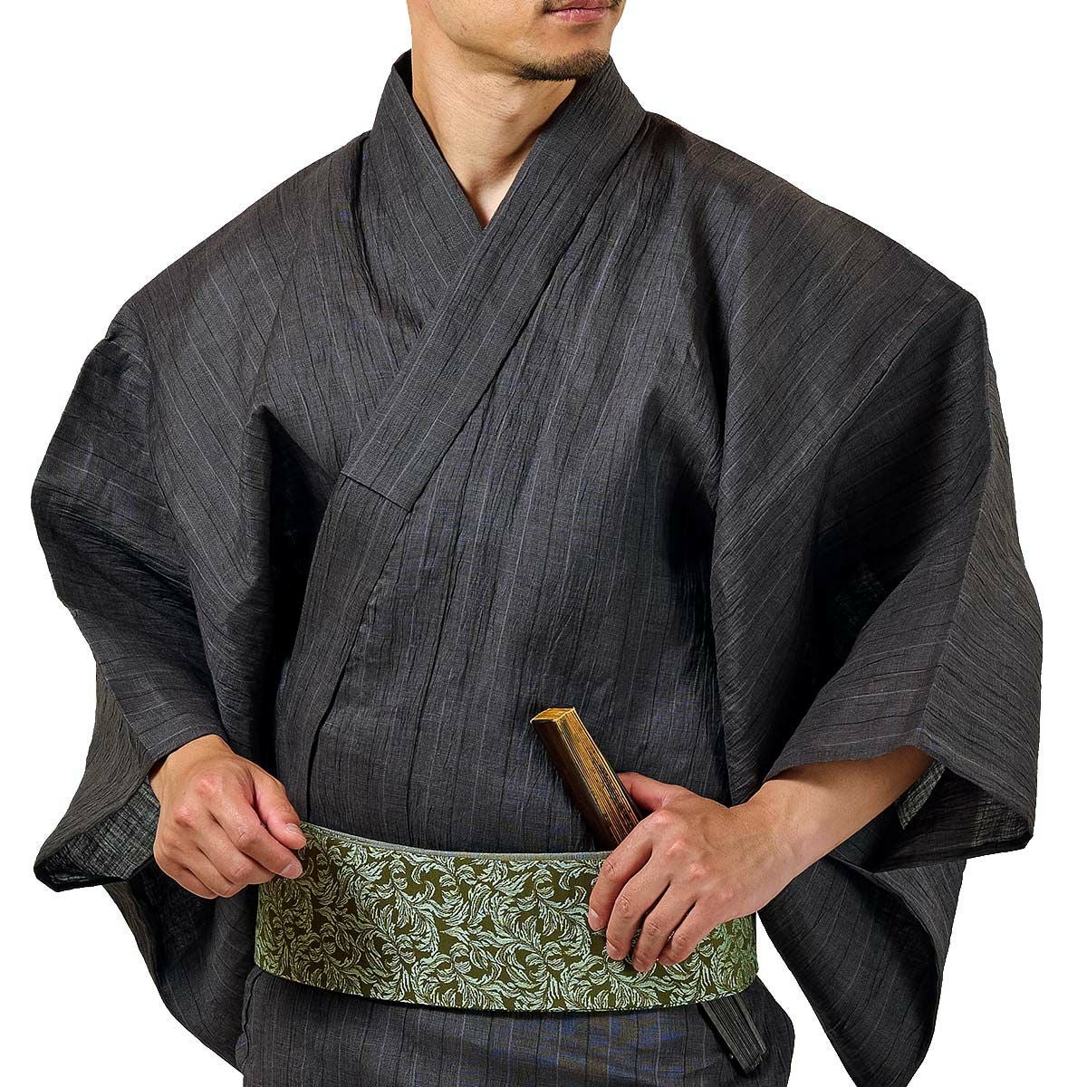 メンズ浴衣 単品 夏着物 近江ちぢみ本麻 濃グレー 165cm～185cm前後