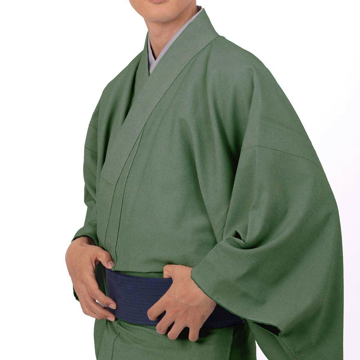 【美品✨】洗える着物　付け下げ　背抜き仕立て　紋付　緑みの濃グレー　花　手縫D1 仕立てオーダー着物(もしくは羽織) 洗える着物 江戸小紋 鮫小紋 緑 S