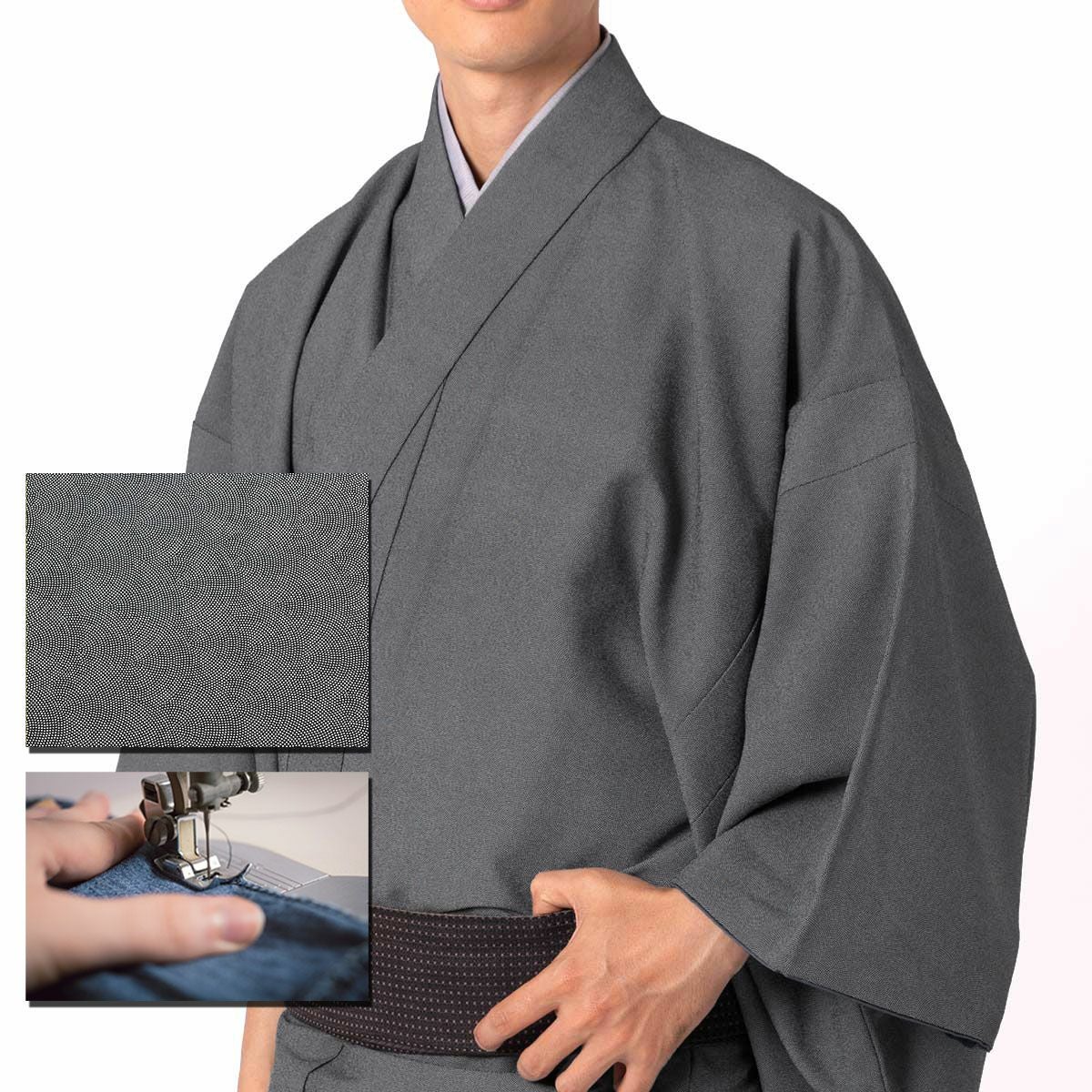 洗える着物 江戸小紋 市松 グレー×黒 洗える着物 江戸小紋 単衣 レディース 段違い市松 黒 M L サイズ 日本