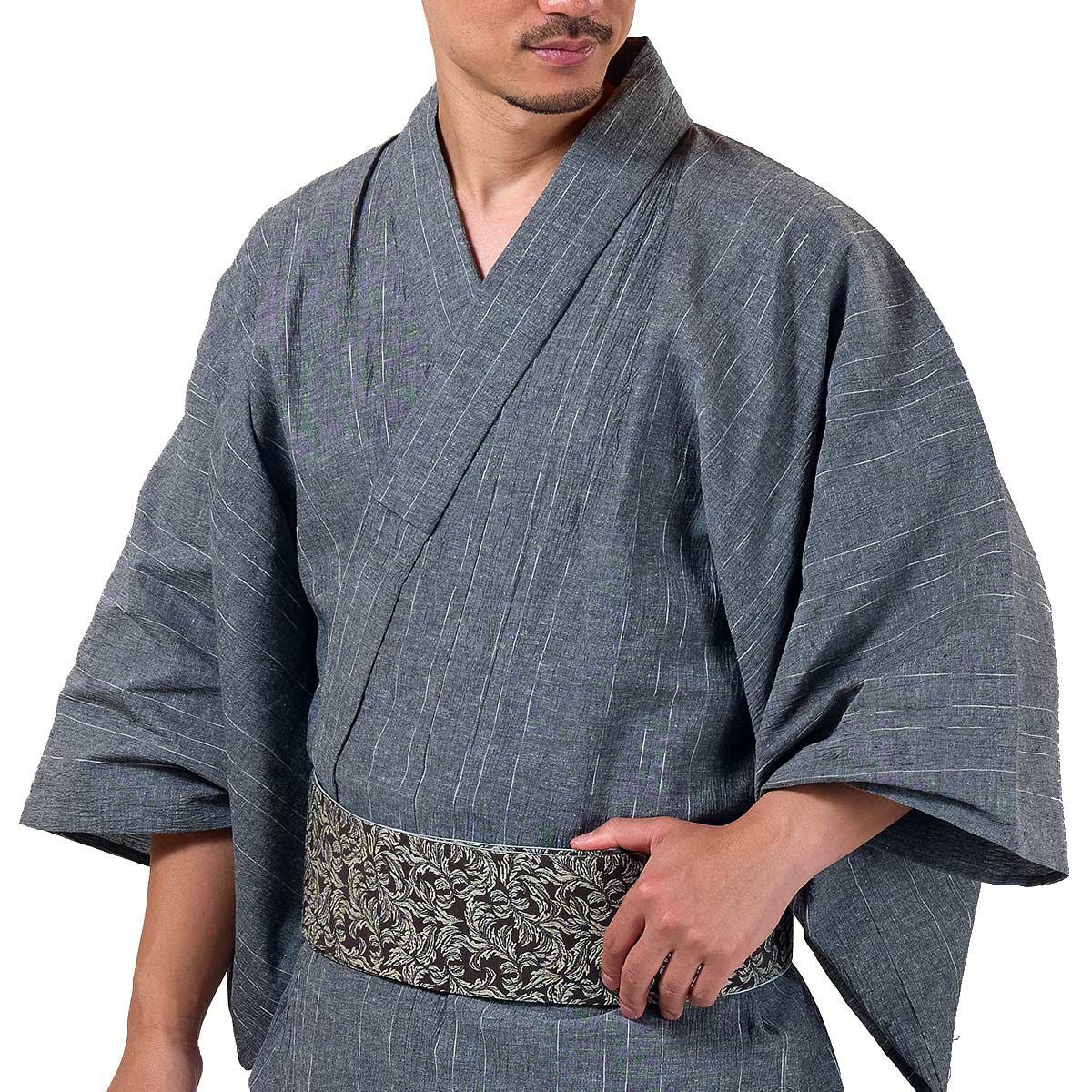 メンズ浴衣 単品 近江ちぢみ綿麻 かすれ縞 グレー 165cm～185cm前後