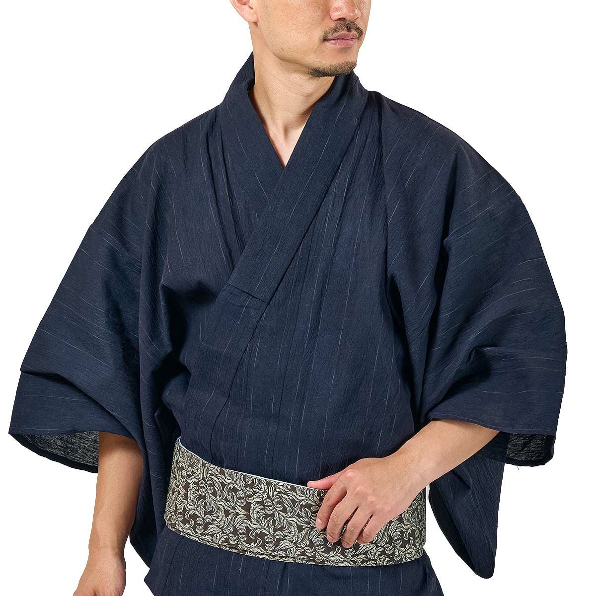 メンズ浴衣 単品 近江ちぢみ綿麻 かすれ縞 濃紺 165cm～185cm前後対応