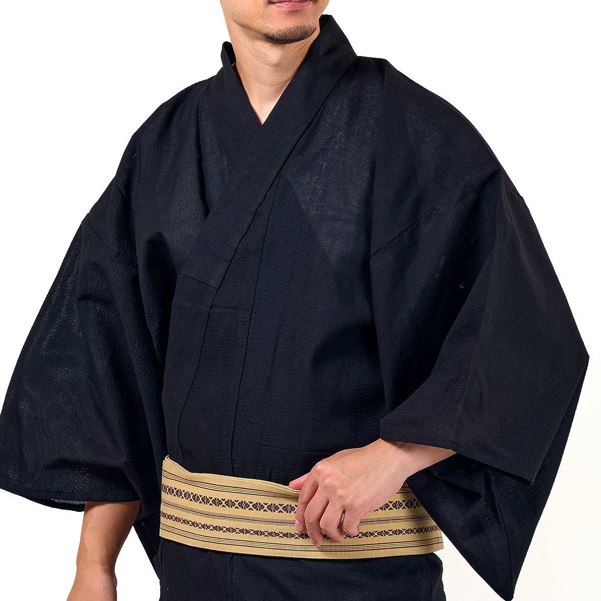 メンズ浴衣 単品 しじら 綿麻 無地 黒 165cm～185cm前後対応 M～LL