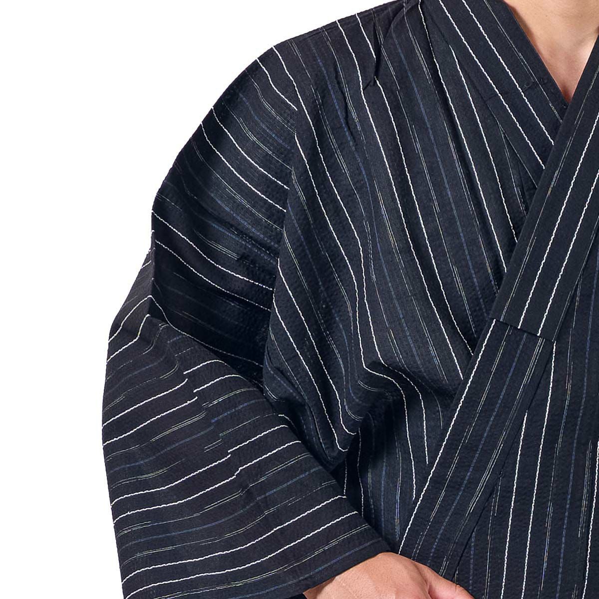メンズ浴衣 単品 しじら 綿麻 古典柄 縞 黒 165cm～185cm前後対応 M
