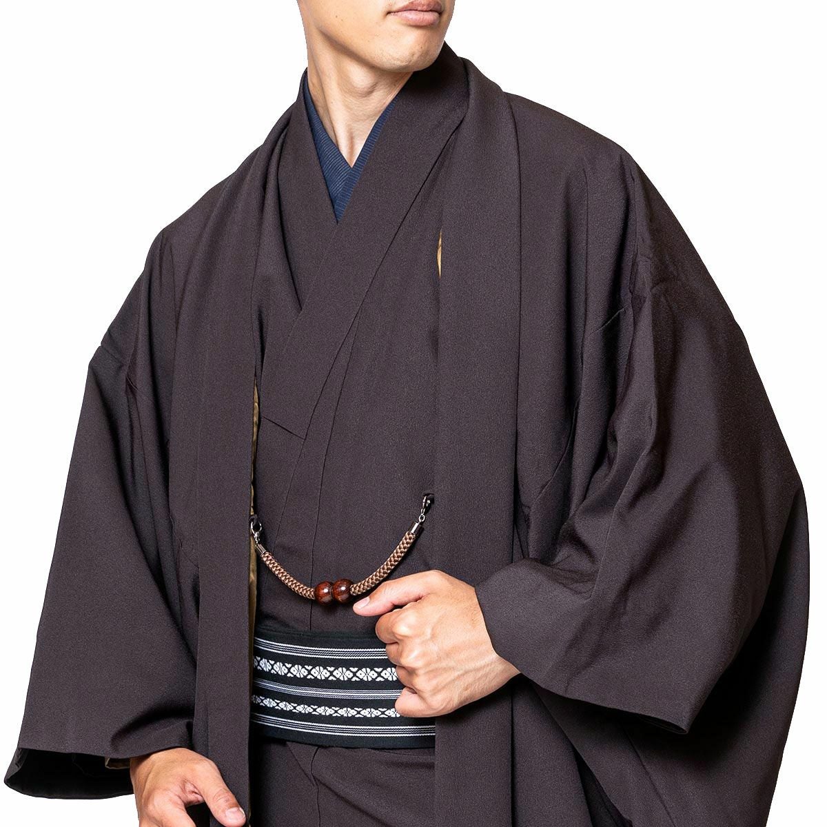 未使用　正絹 黒紗 十徳 男性用煎茶道師範 紋付 　通年　茶道具 　茶人着物 男着物 10点フルセット 大きいサイズ 洗える ちりめん 袷 焦茶