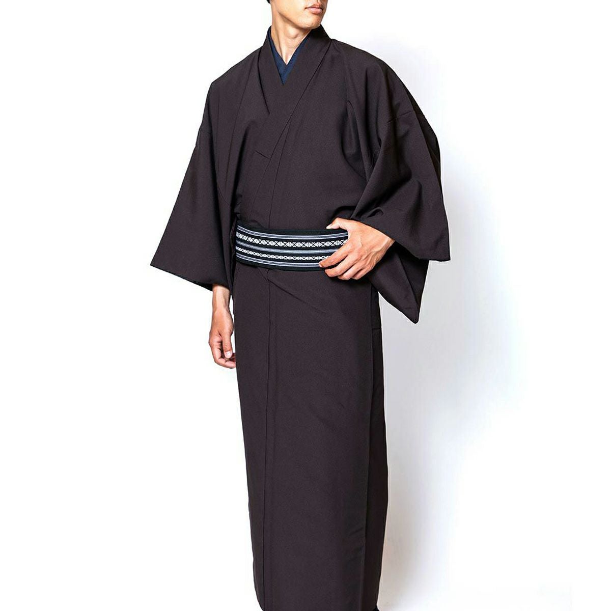 気軽に着物が着られる男着物3点セット 洗える着物 ちりめん 焦茶 M～LL （春・秋・冬）