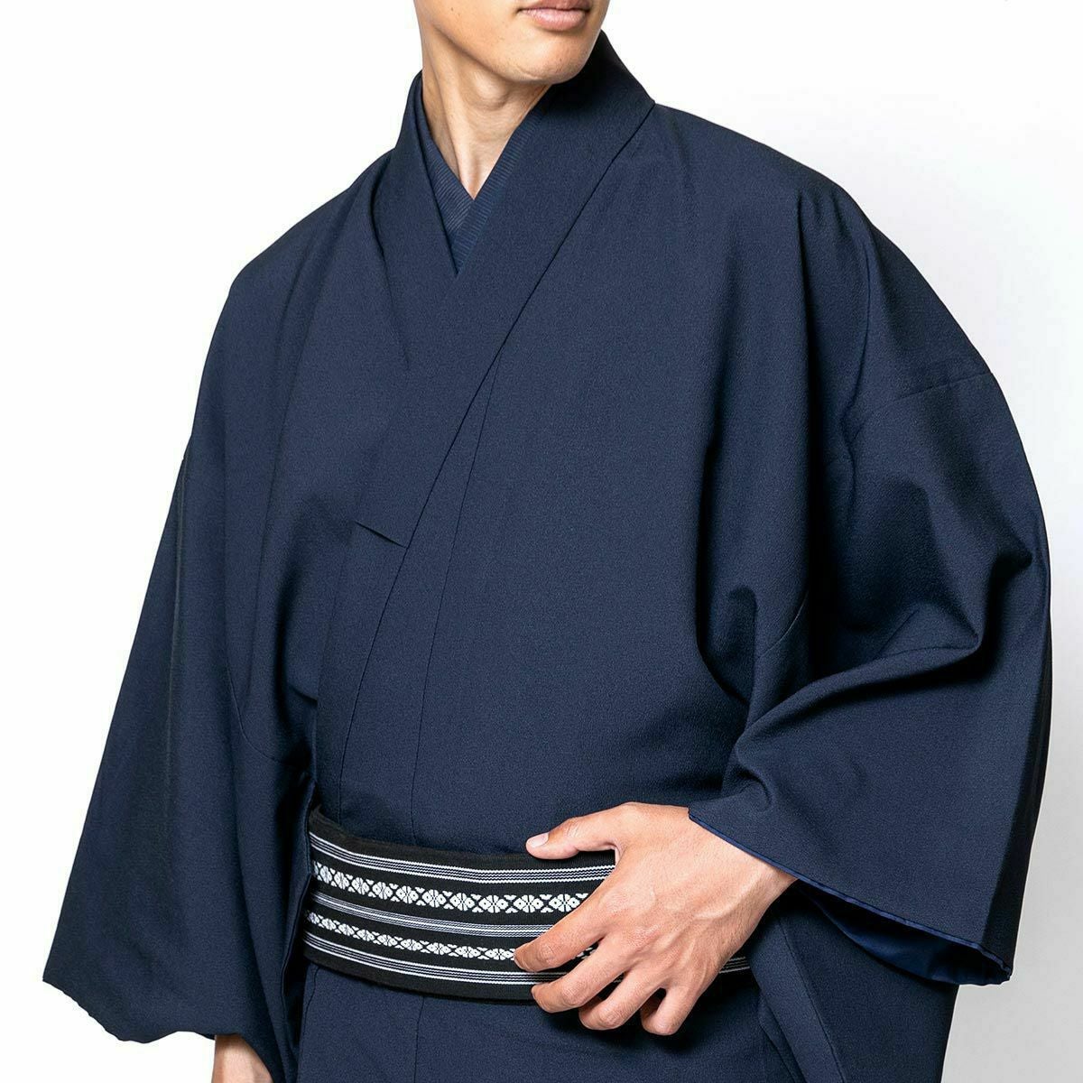 男着物3点セット 洗える着物 ちりめん 濃紺 M～LL （春・秋・冬