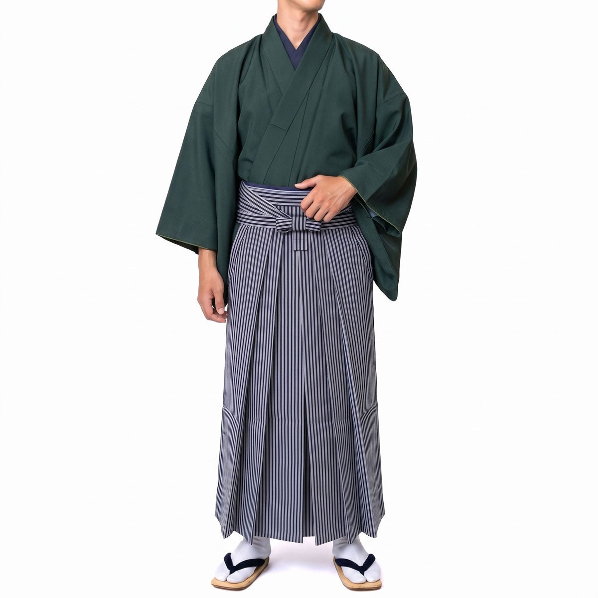 男着物 袴付き 11点フルセット 洗える ちりめん 袷 深緑