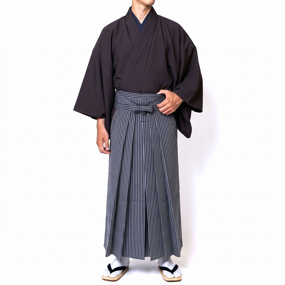 男着物 袴付き 11点フルセット 洗える ちりめん 袷 焦茶