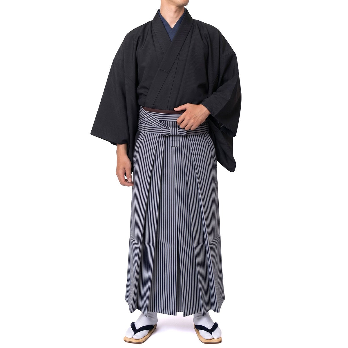 男着物 袴付き 11点フルセット 洗える ちりめん 袷 黒