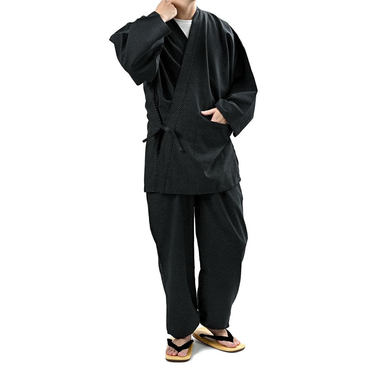 作務衣 男物 綿 水玉 黒