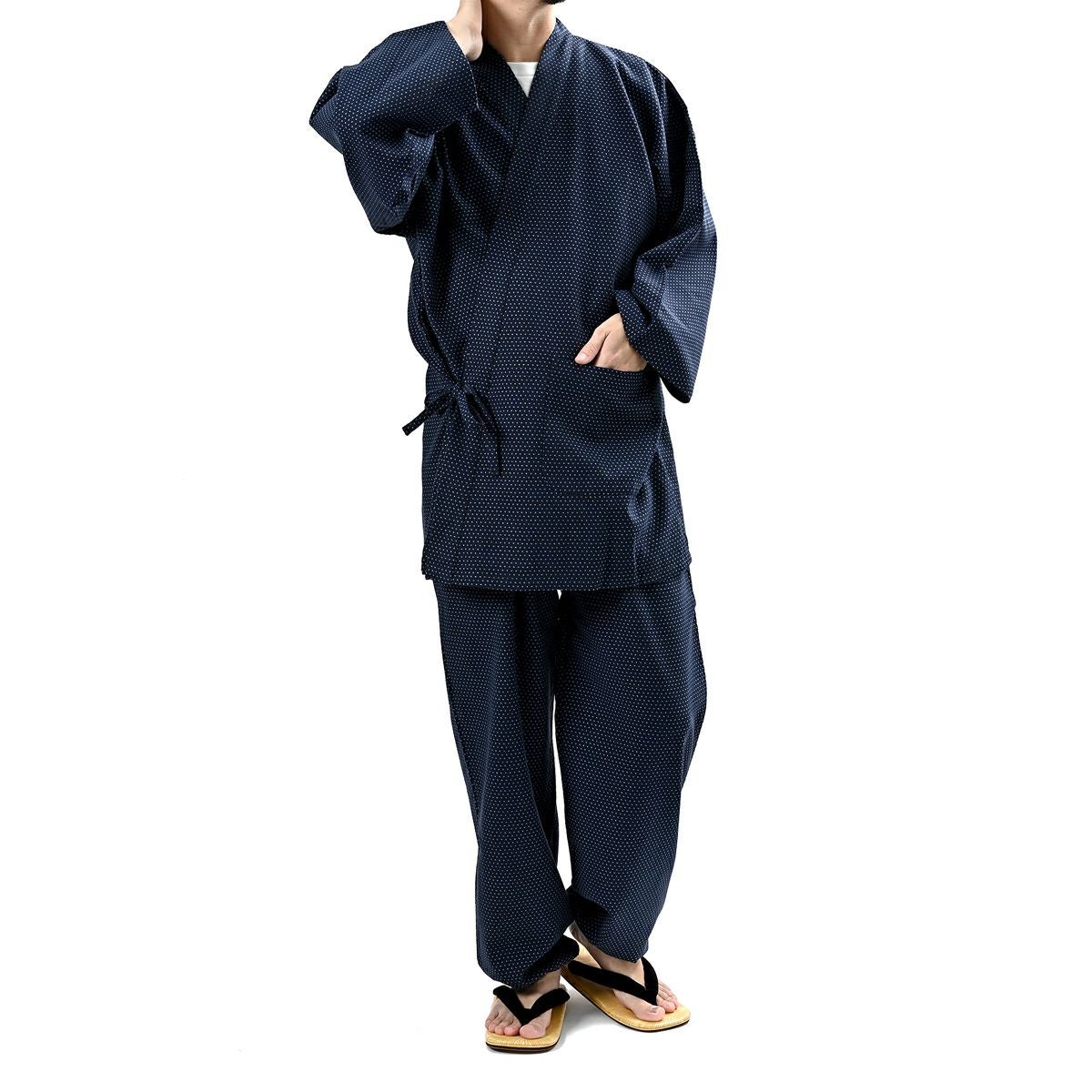 作務衣 男物 綿 水玉 紺