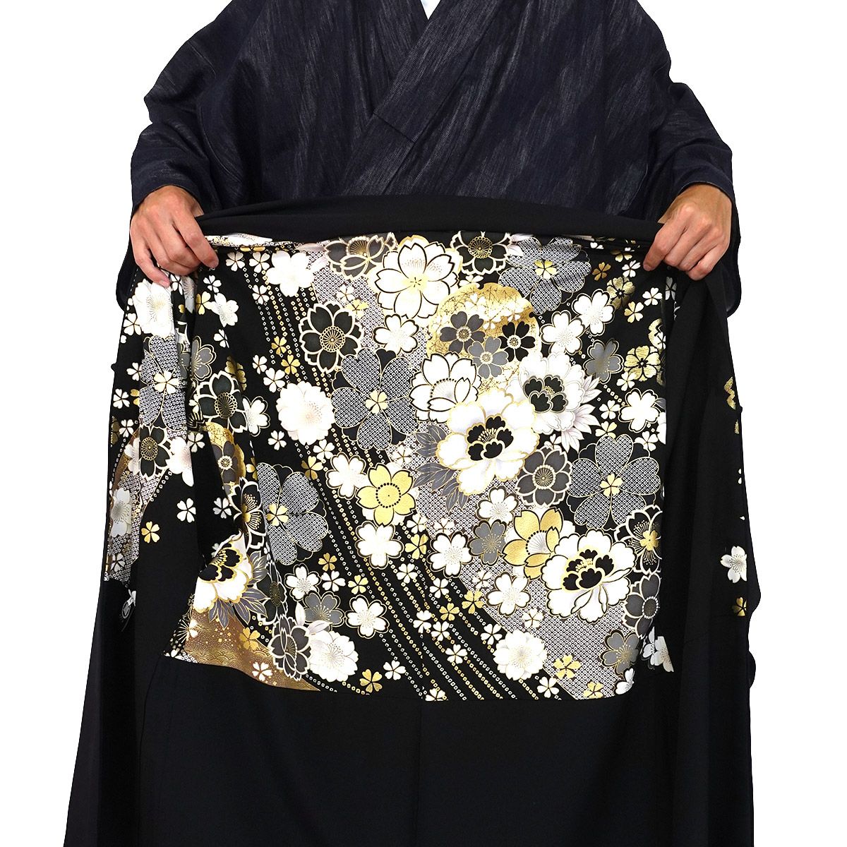 173cm前後対応 すぐに着られる男羽織 正絹 黒 振袖柄 L