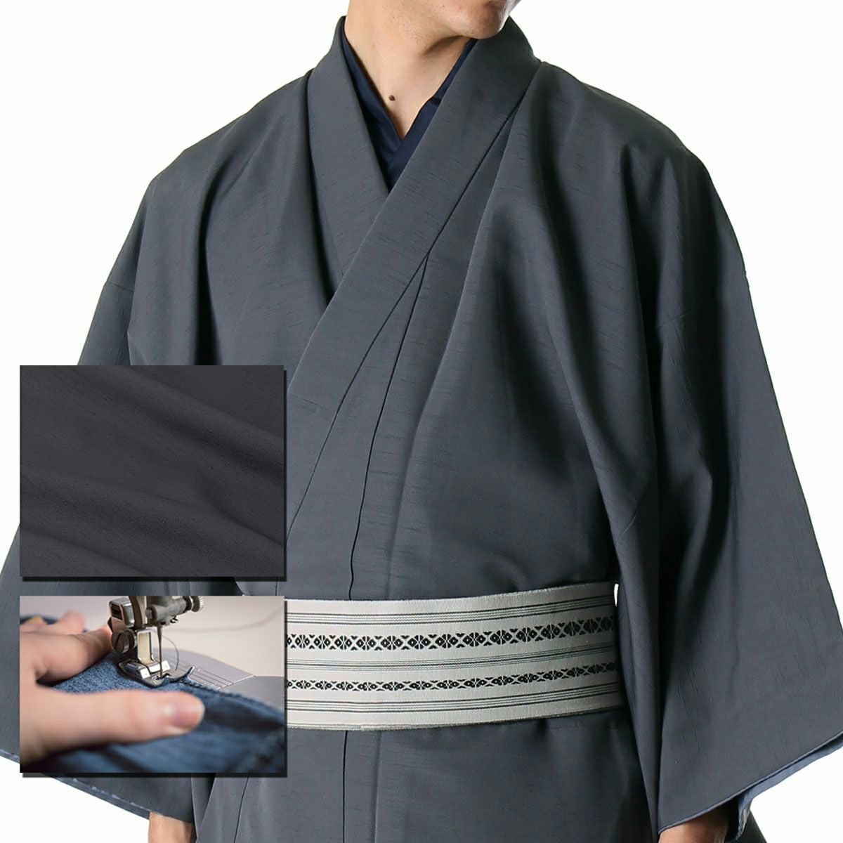 紬着物　黒グレー　モノトーン 紬 着物 未使用 正絹 真綿紬 袷 濃グレー 手織 絞り 斜め縞 カジュアル