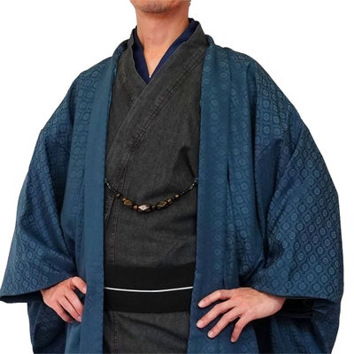 すぐに着られる男羽織 洗える 袷 小紋 テイジン 葵 紺 M