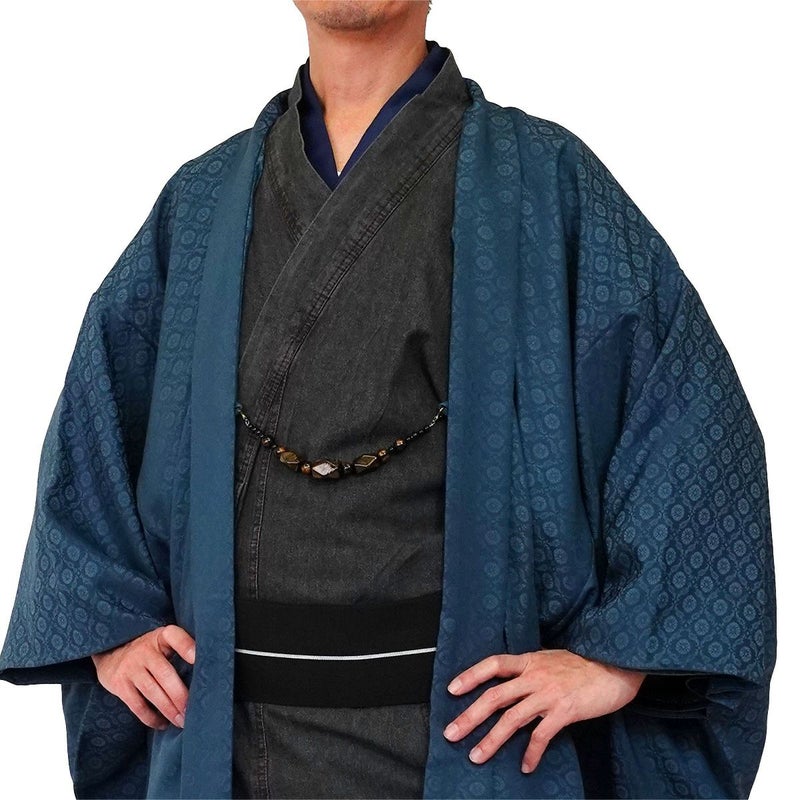 すぐに着られる男羽織 洗える 袷 小紋 テイジン 葵 紺 M