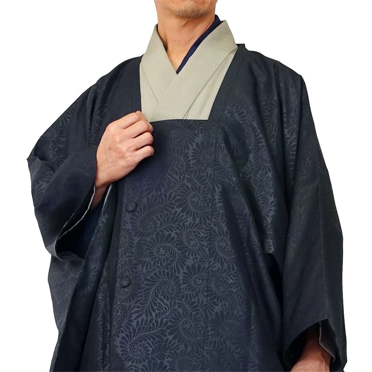 道行コート メンズ エンボス 紬 花 紺