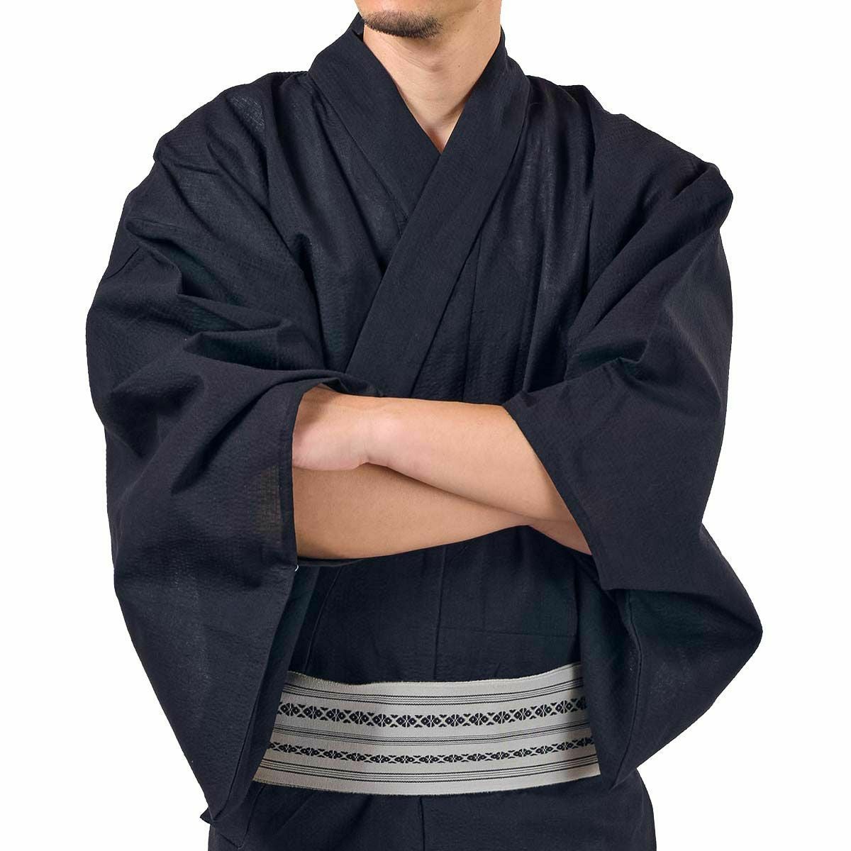 メンズ浴衣 単品 大きいサイズ しじら 綿麻 無地 黒 185cm～195cm前後