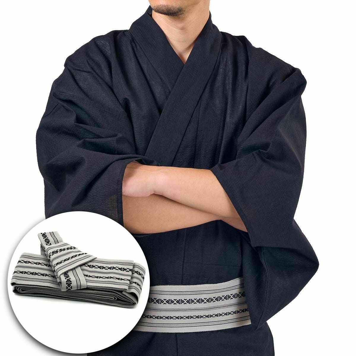 メンズ浴衣 しじら 綿麻 作り帯セット