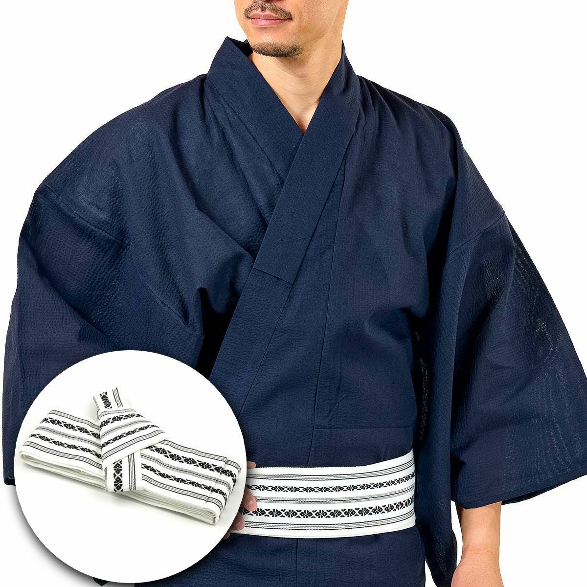 帯結びが苦手な方に!ワンタッチで留めれる作り帯浴衣セット しじら綿麻