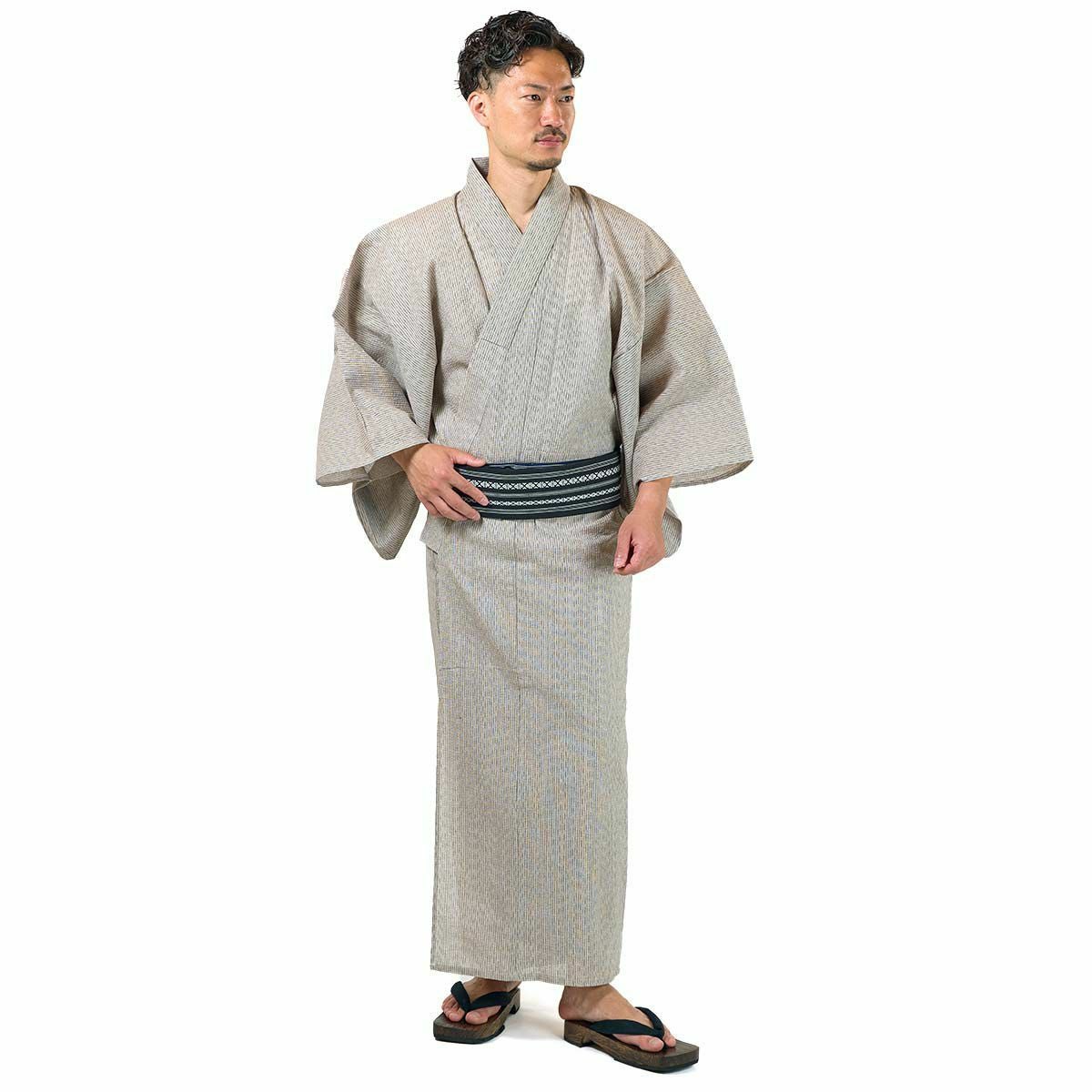 メンズ浴衣 しじら 綿麻 作り帯セット