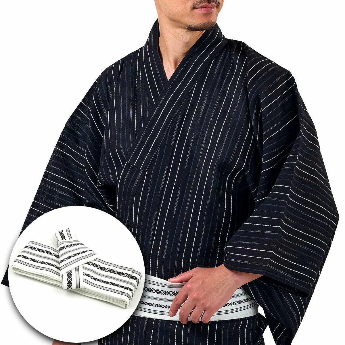 メンズ浴衣 しじら 綿麻 作り帯セット