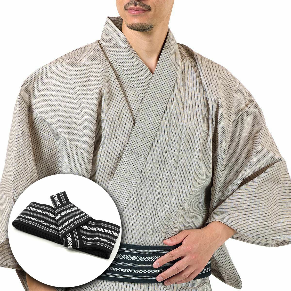 メンズ浴衣セット｜大きいサイズのしじら織（オフホワイト）着付け簡単