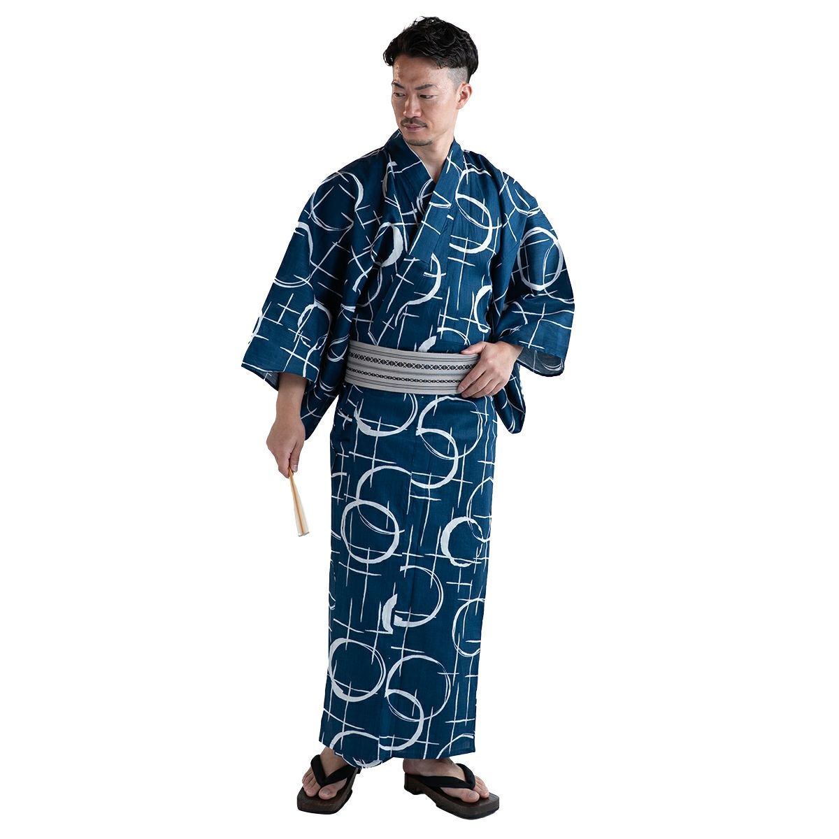メンズ浴衣 滝流れ 綿 丸に十字 紺