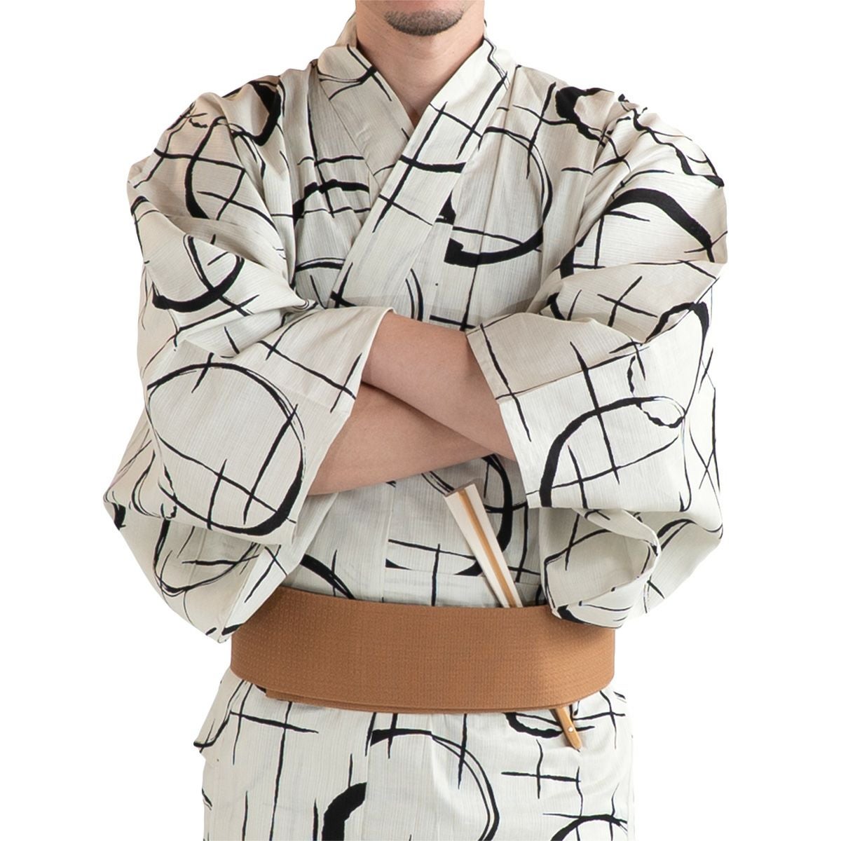 メンズ浴衣 滝流れ 綿 丸に十字 ベージュ