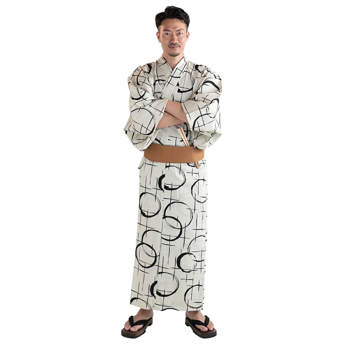 メンズ浴衣 滝流れ 綿 丸に十字 ベージュ