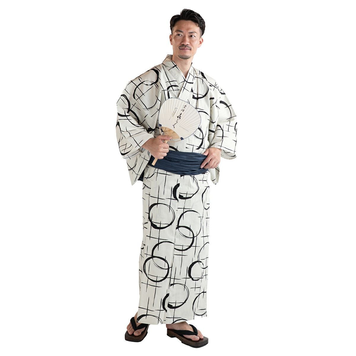 メンズ浴衣 滝流れ 綿 丸に十字 ベージュ