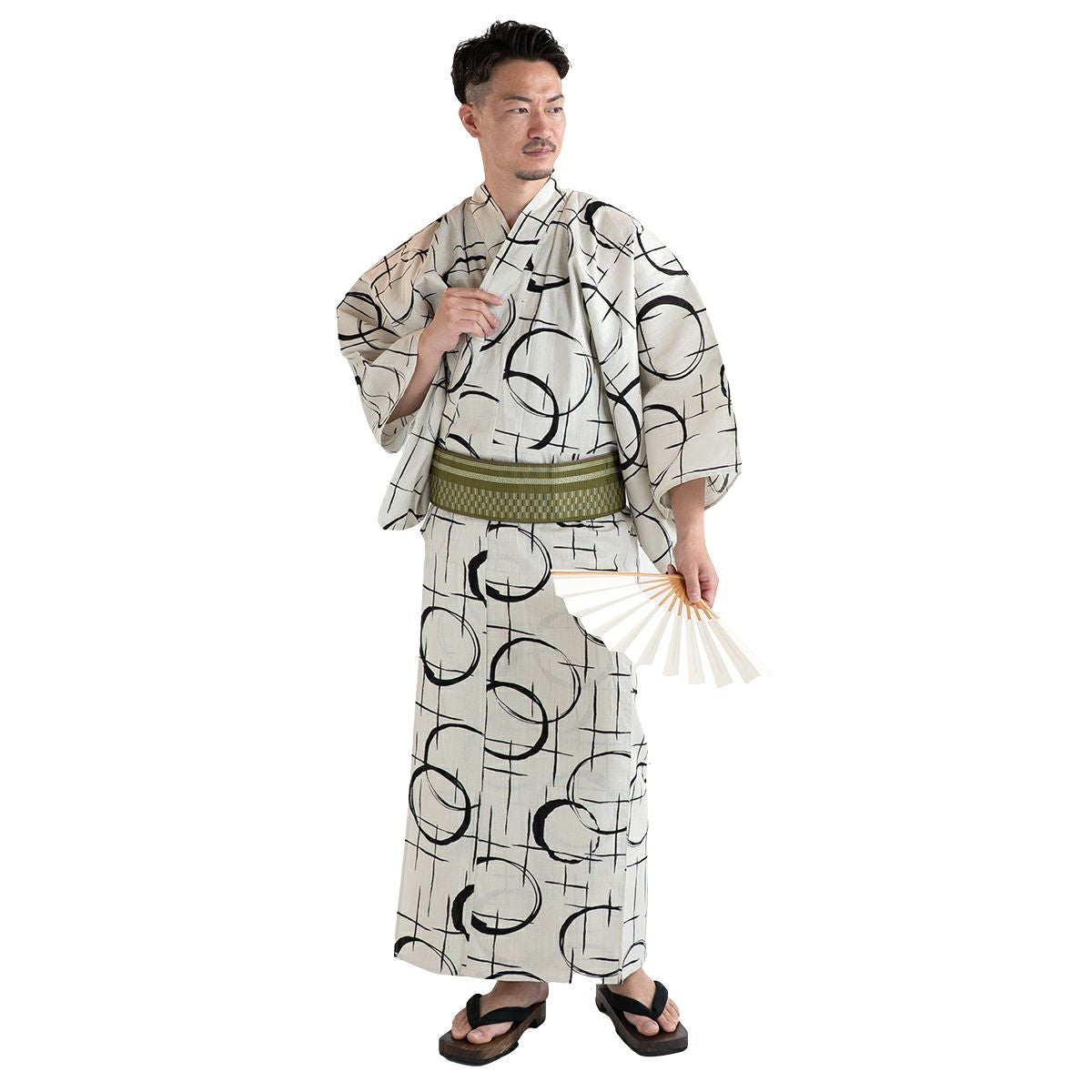 メンズ浴衣 滝流れ 綿 丸に十字 ベージュ