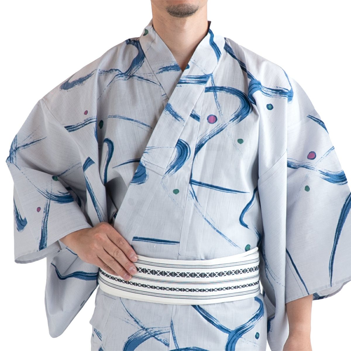 メンズ浴衣 滝流れ 綿 曲線に点 ブルーグレー