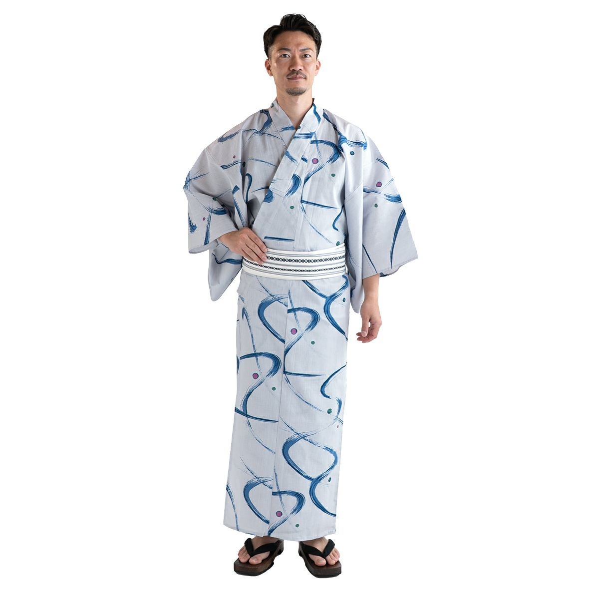 メンズ浴衣 滝流れ 綿 曲線に点 ブルーグレー