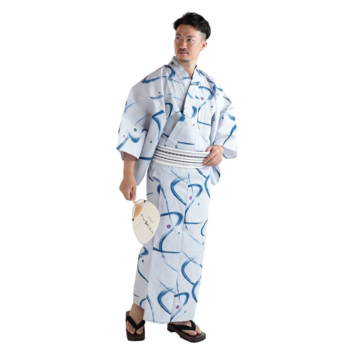 メンズ浴衣 滝流れ 綿 曲線に点 ブルーグレー