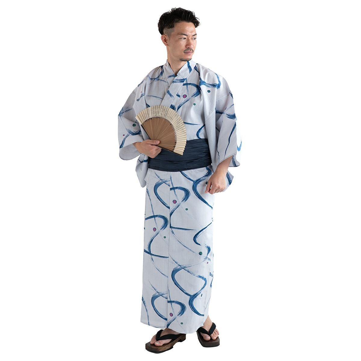 メンズ浴衣 滝流れ 綿 曲線に点 ブルーグレー