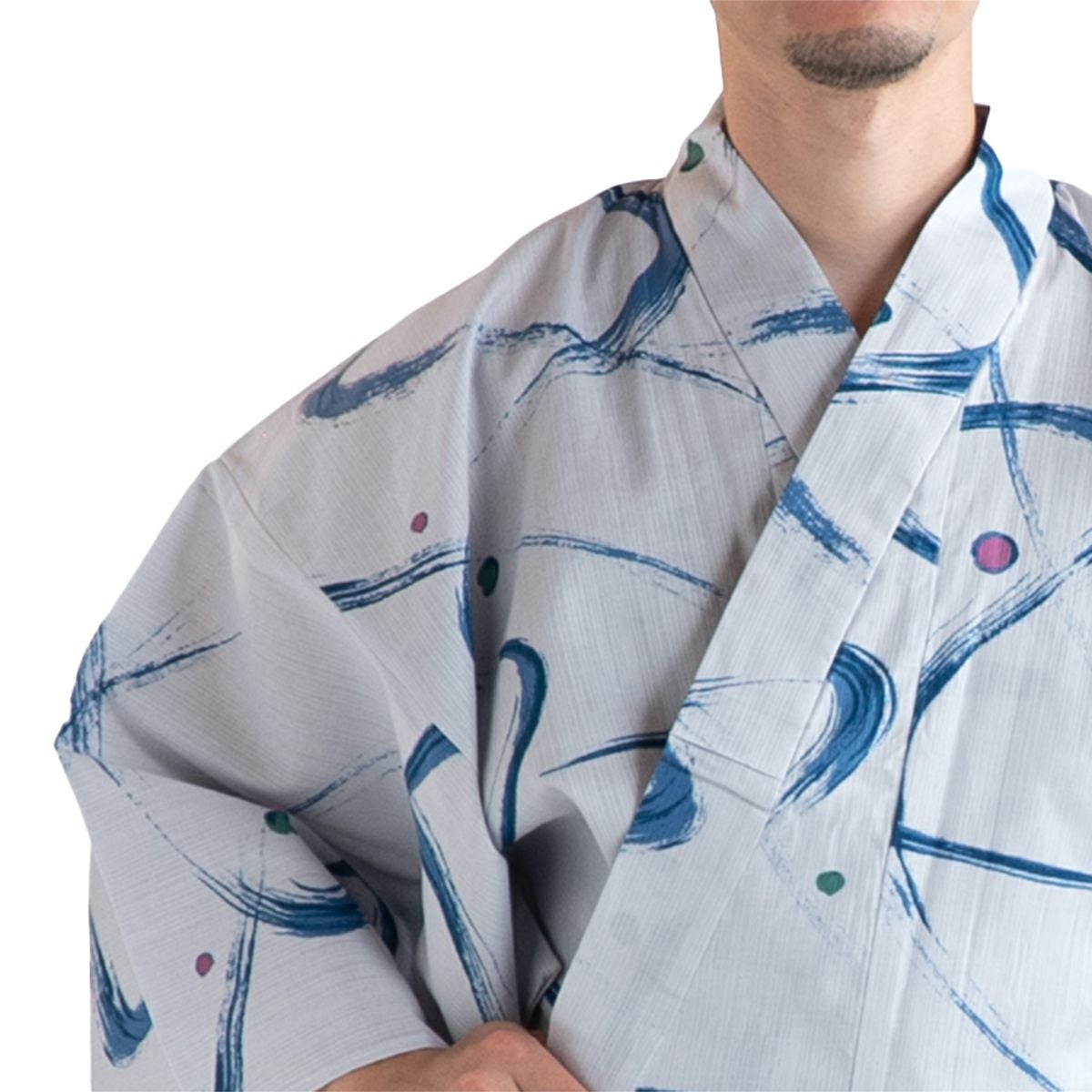 メンズ浴衣 滝流れ 綿 曲線に点 ブルーグレー