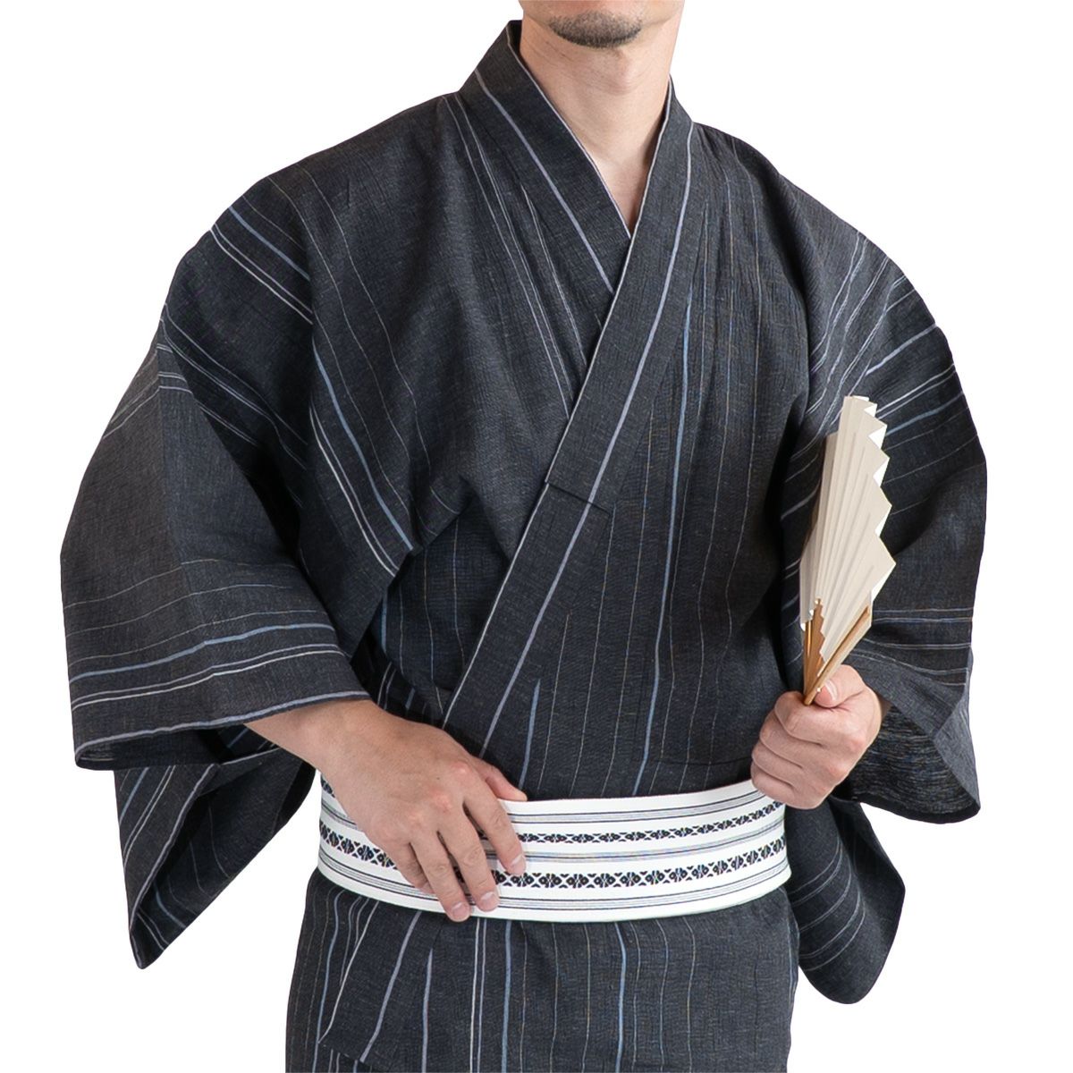 近江ちぢみ綿麻 濃グレー縞