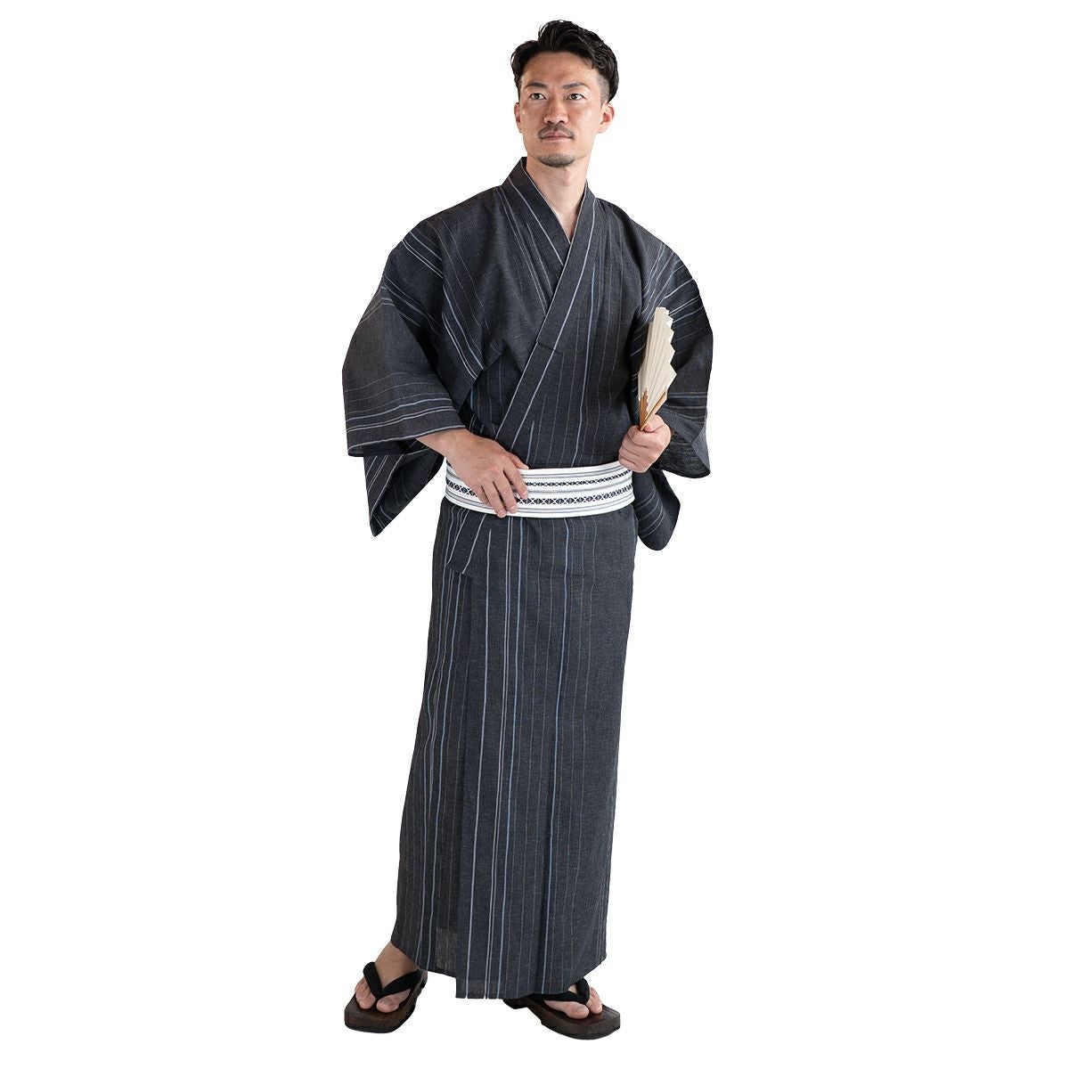 近江ちぢみ綿麻 濃グレー縞