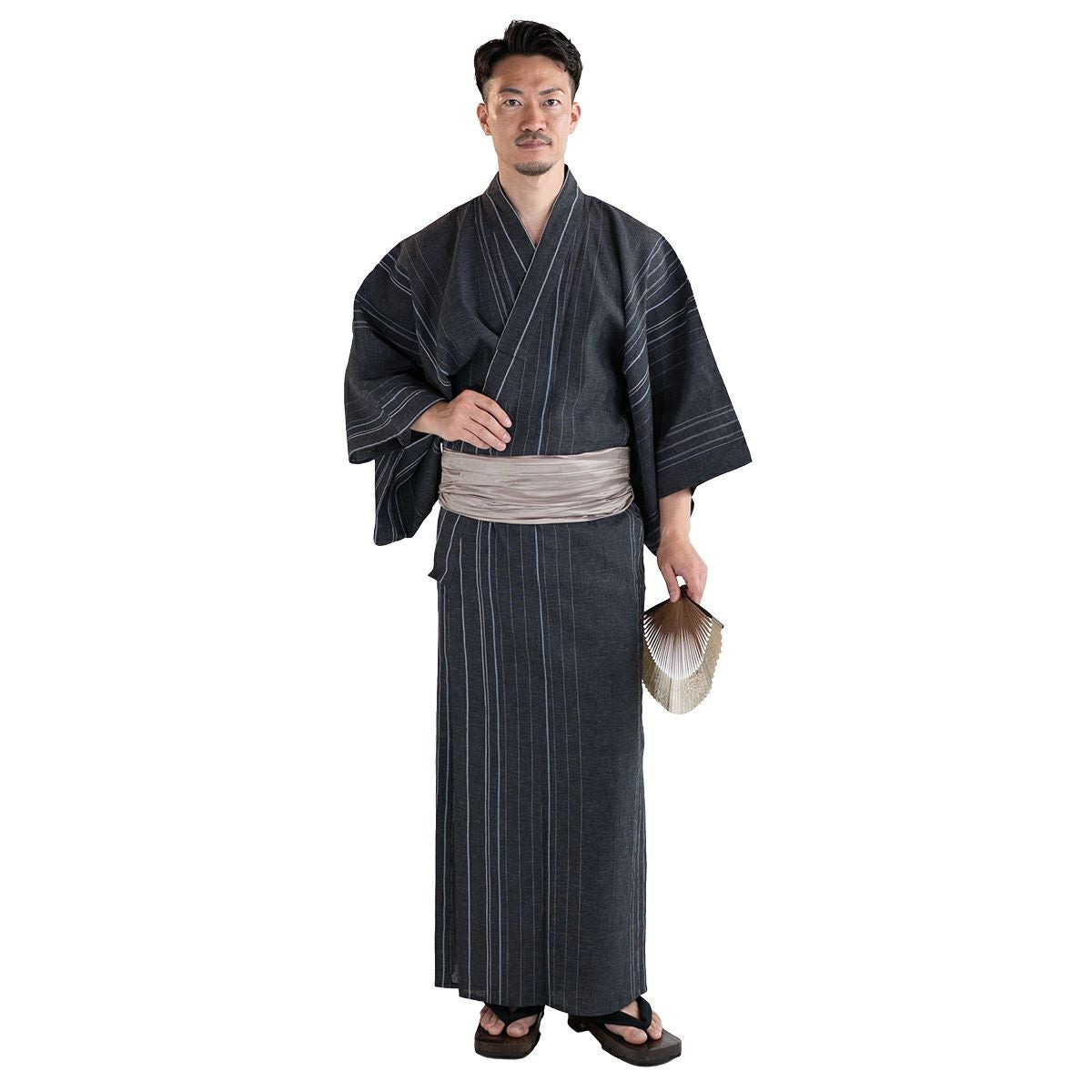 近江ちぢみ綿麻 濃グレー縞