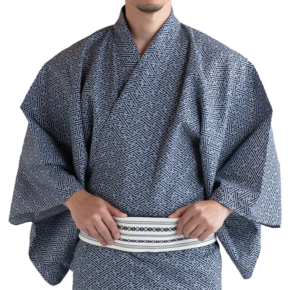 浴衣セット 滝流れ 綿 紗綾型 紺グレー M～LL