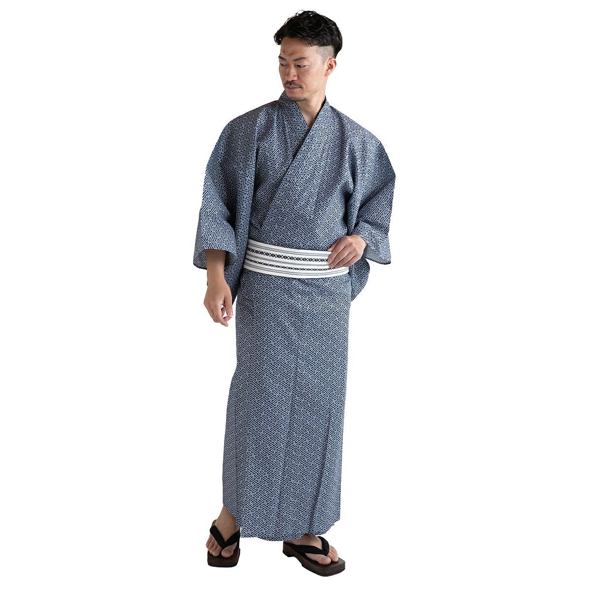 浴衣セット 滝流れ 綿 紗綾型 紺グレー M～LL