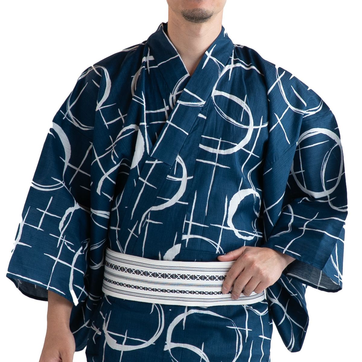 滝流れ 綿 丸に十字 紺 M～LL （浴衣+白角帯+腰紐）
