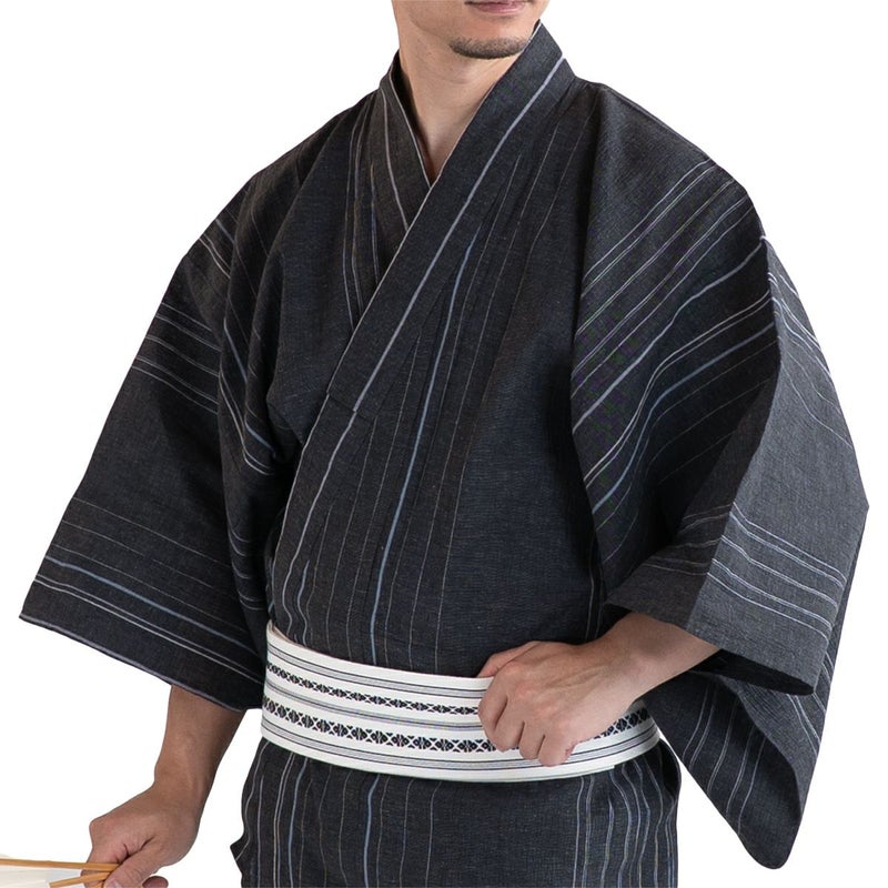 近江ちぢみ 綿麻 濃グレー縞 （浴衣+白角帯+男締め）