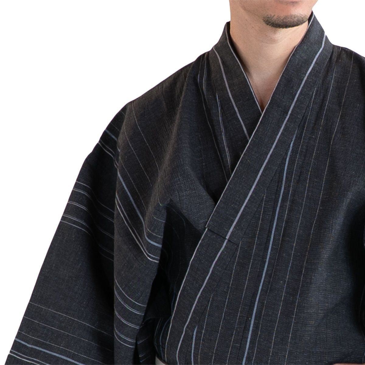 近江ちぢみ 綿麻 濃グレー縞 （浴衣+白角帯+男締め）