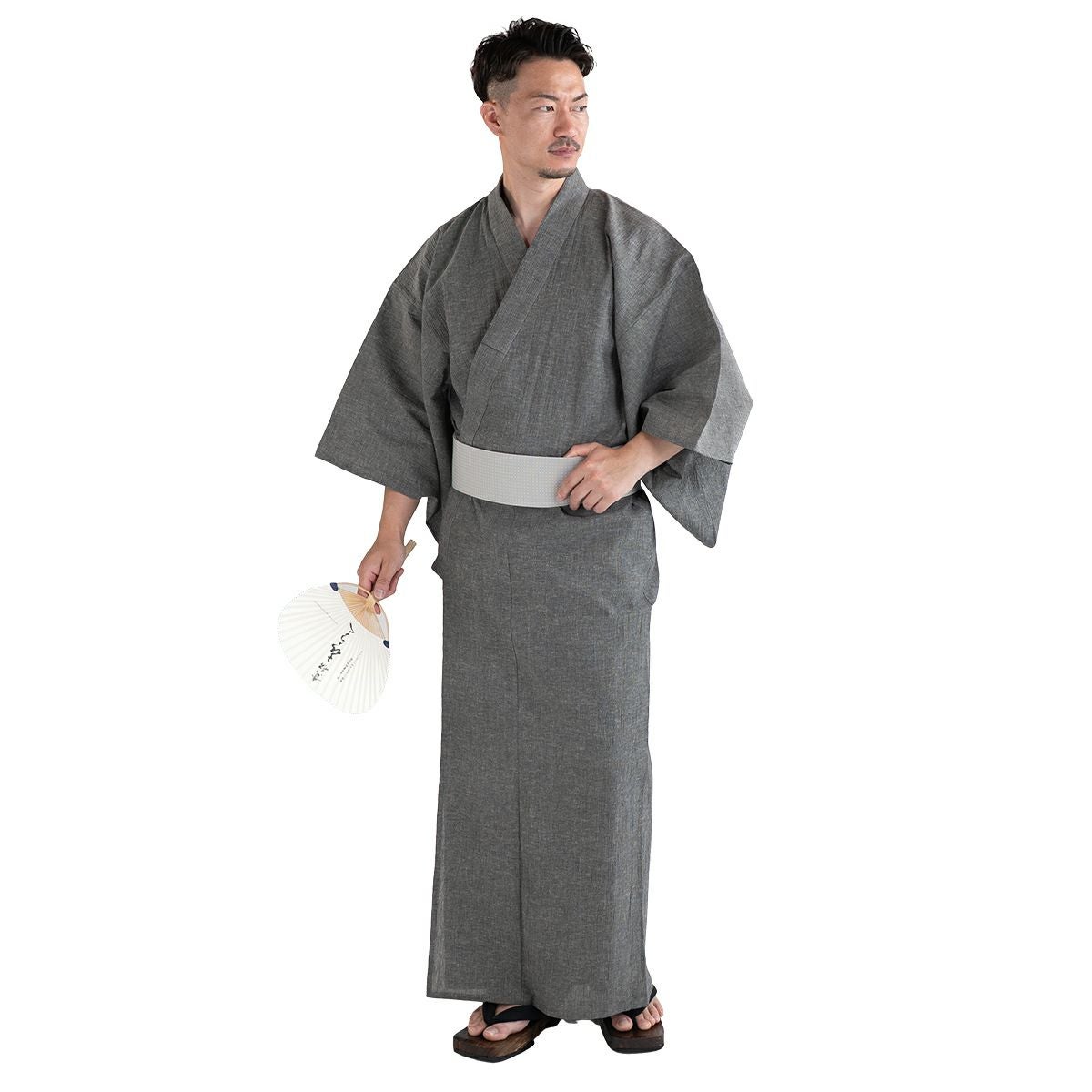 近江ちぢみ 綿麻 グレー無地 （浴衣+グレー角帯+男締め）