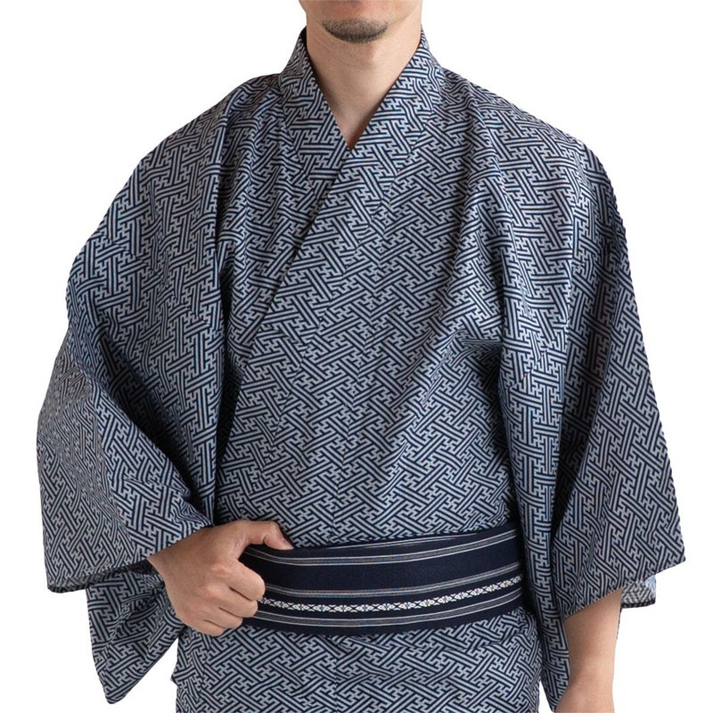 滝流れ 綿 紗綾型 紺グレー M～LL （浴衣+濃紺角帯+腰紐）