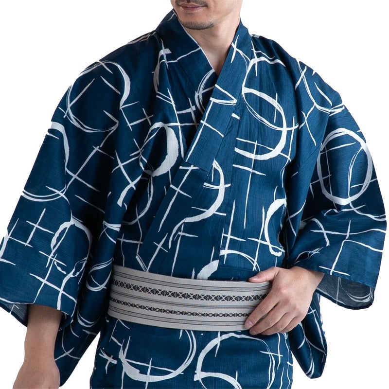 選び抜かれた男の柄 浴衣セット 滝流れ 綿 丸に十字 紺 M～LL （浴衣+グレー角帯+腰紐）