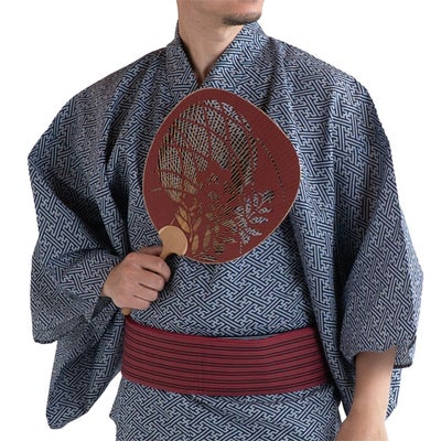 滝流れ 綿 紗綾型 紺グレー M～LL （浴衣+ワインレッド角帯+腰紐）