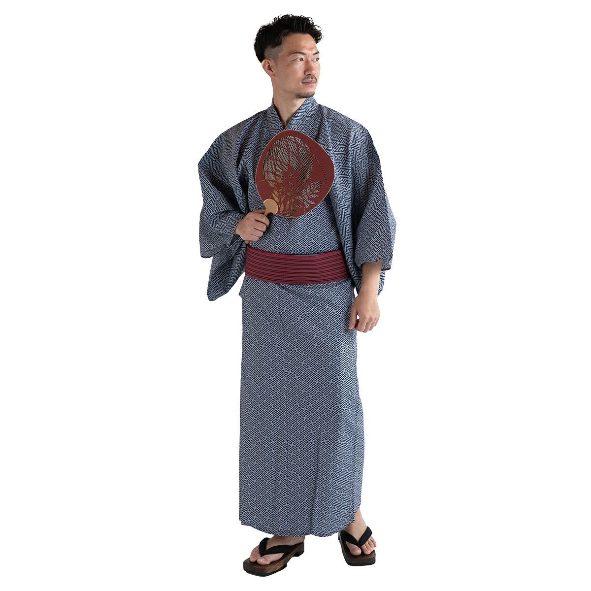 滝流れ 綿 紗綾型 紺グレー M～LL （浴衣+ワインレッド角帯+腰紐）